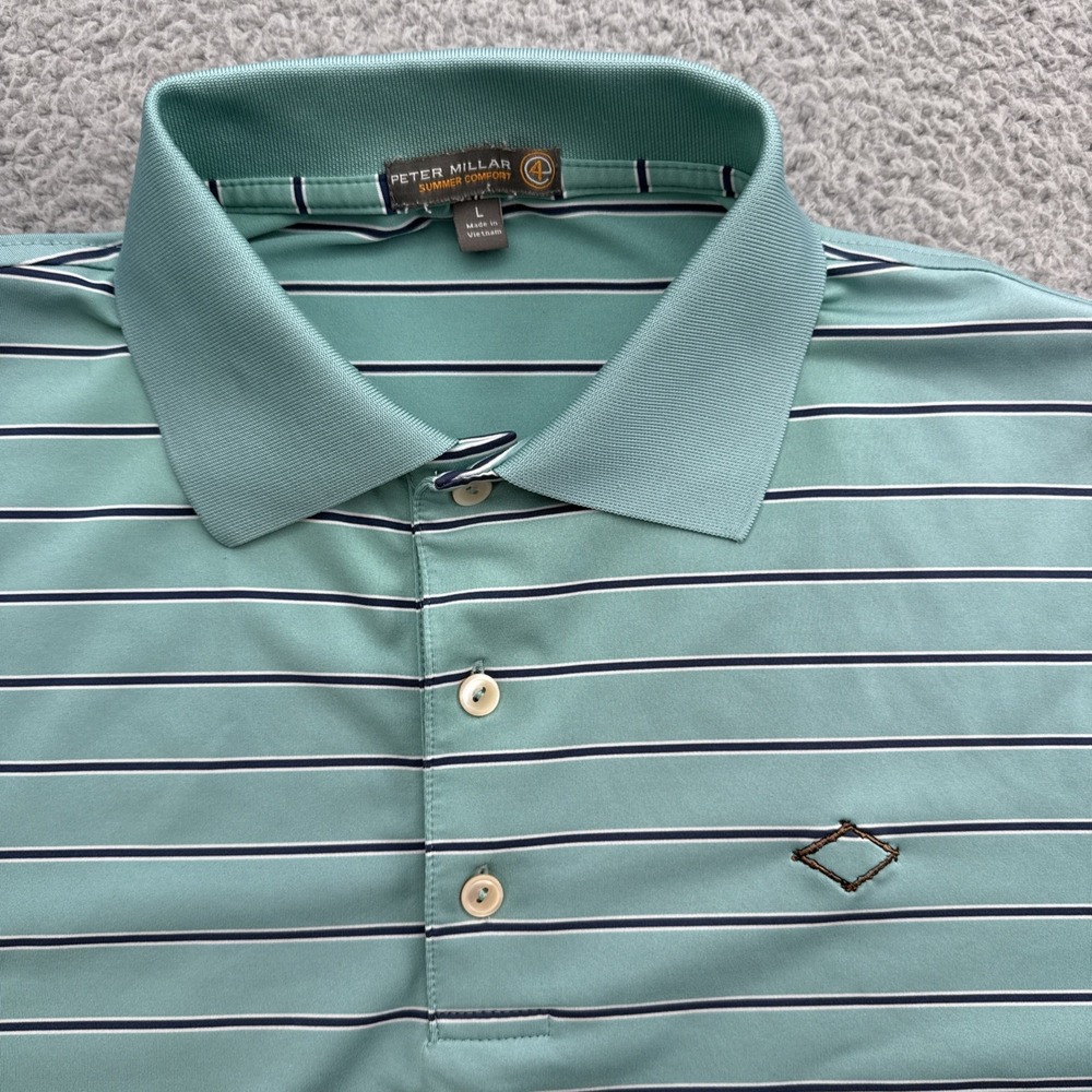Peter Millar Polo Shirt Mens Large Green Striped Summer Comfort Stretch Golf